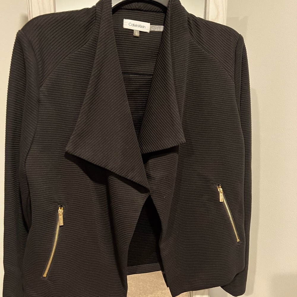 Calvin Klein Black Ribbed Open-Front Blazer with Gold Zippers